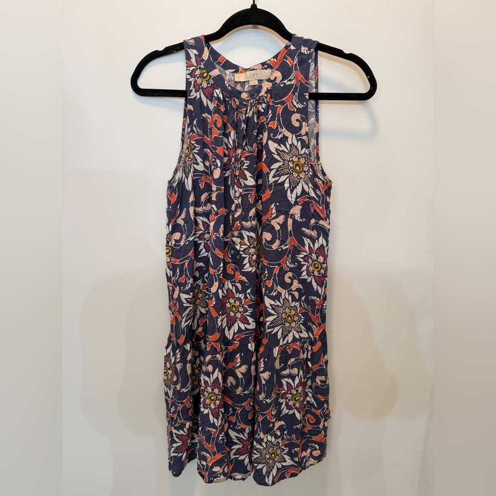 Ann Taylor Loft Sleeveless Floral‎ Mini Drop Waist Dress in Navy Floral - Size M